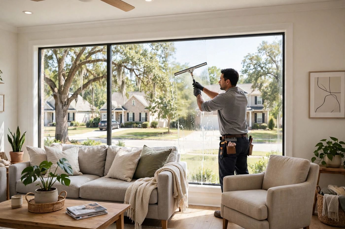 Resiclean hand-cleaning an interior window in a Marietta GA home